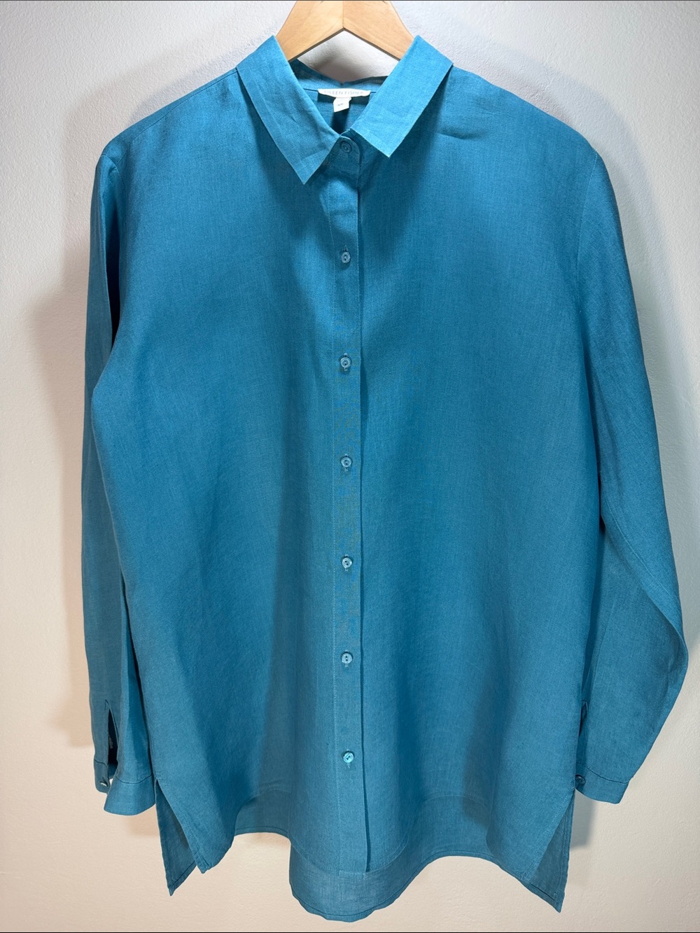 Eileen Fisher 100% Organic Linen Teal Long-Sleeve Oversized Button-Up Shirt